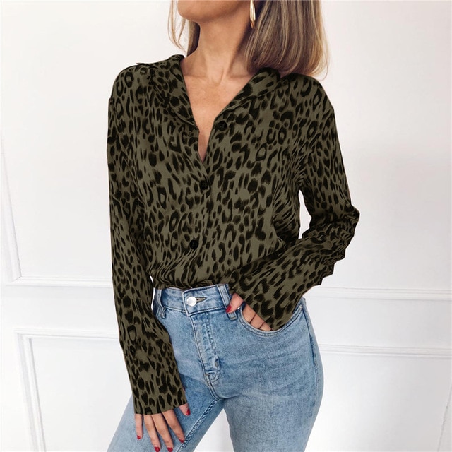 Women Blouses Summer Chiffon Leopard Blouse Long Sleeve Turn Down Collar Lady Office Shirt Loose Tops